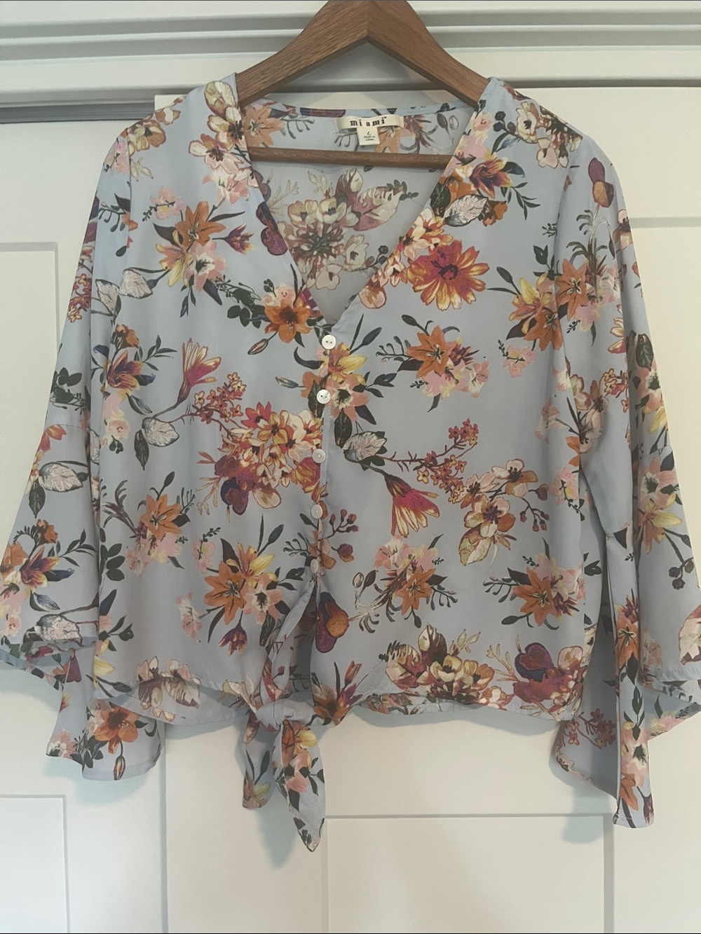 miami Light Blue Floral Tie-Front Blouse